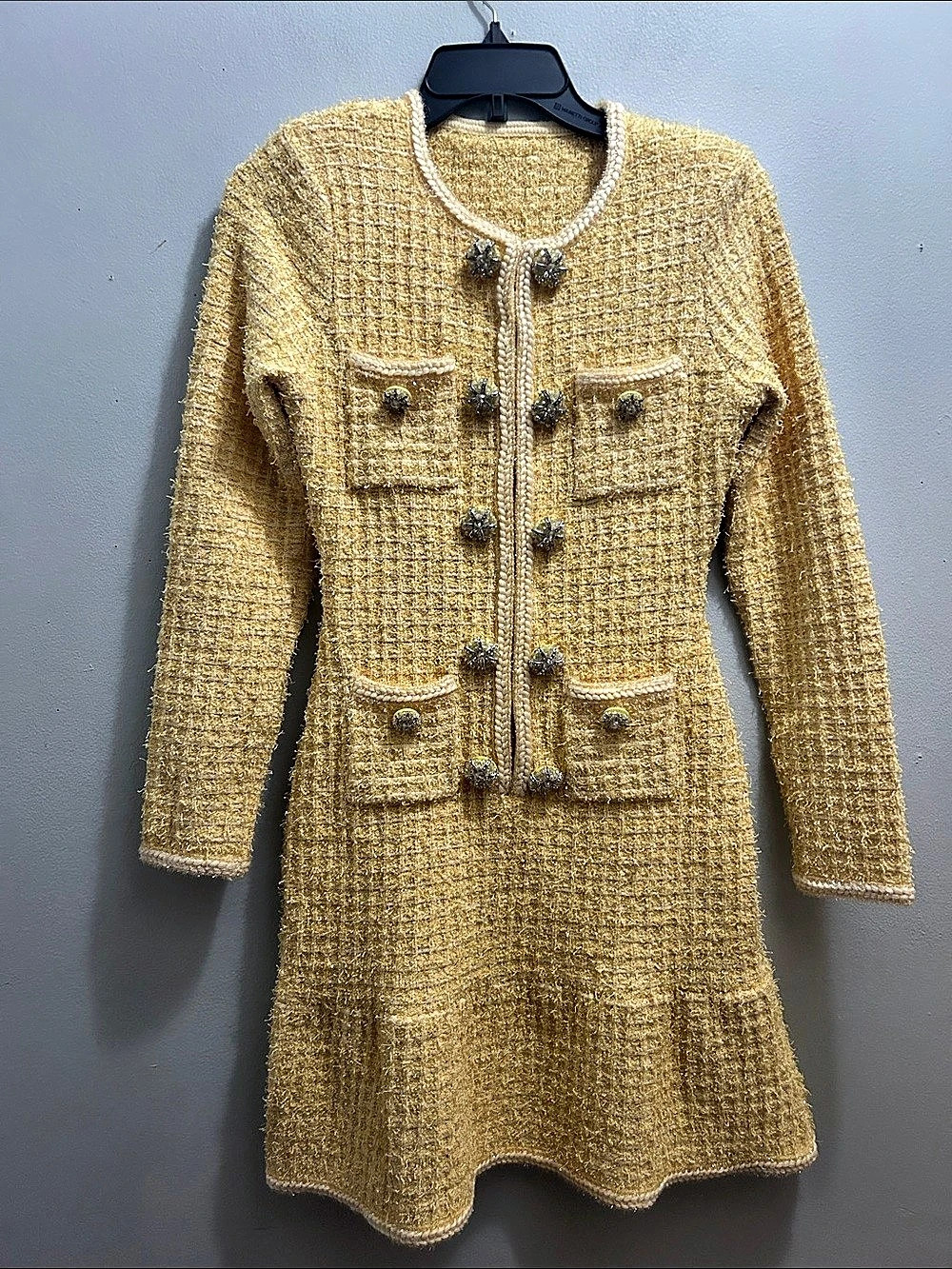 Yellow Knit Long Sleeve Tweed Mini Dress NWT